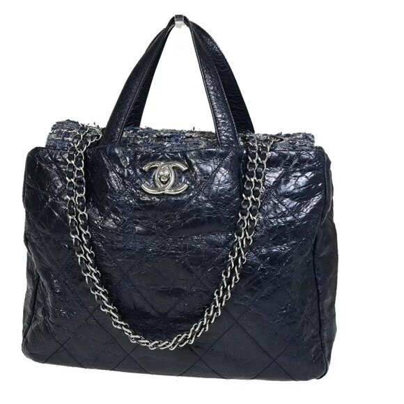 CHANEL CC Portobello 2Way Chain Shoulder Hand Bag Leather Tweed Blue 603RK084 - Picture 1 of 16